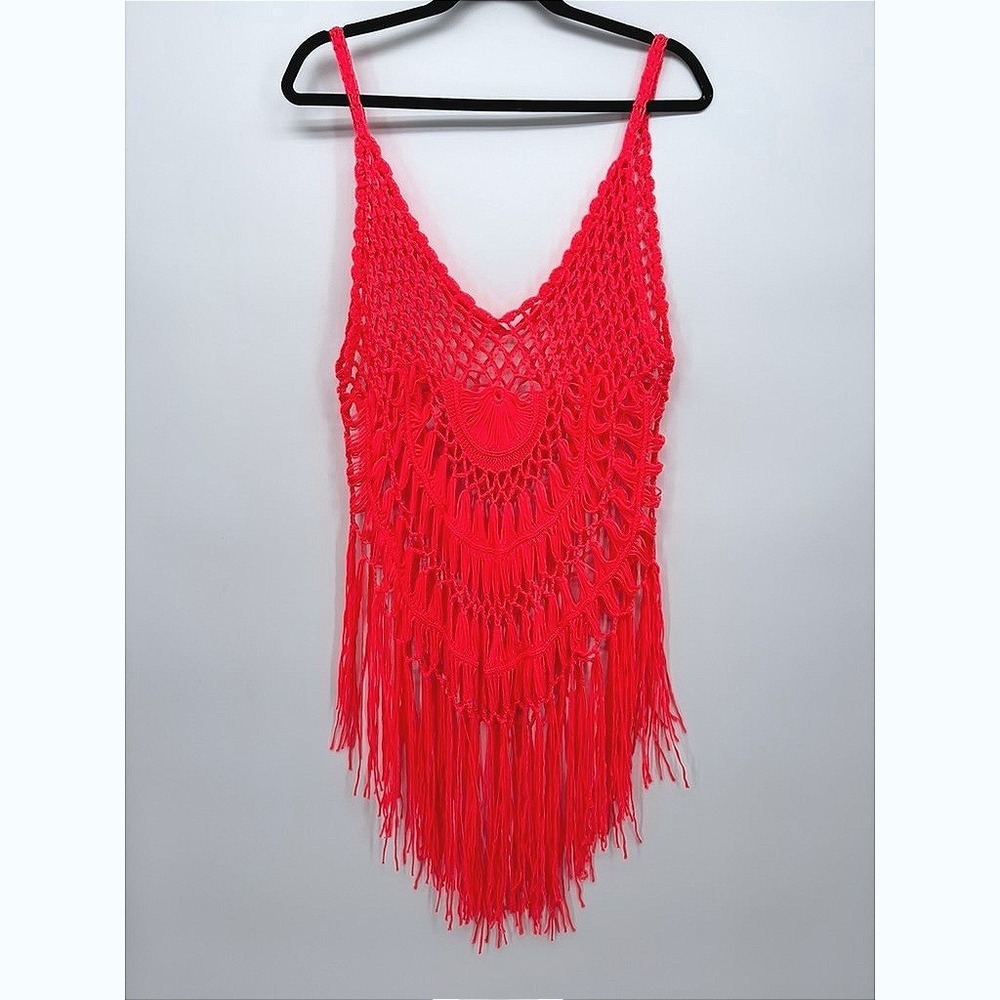 Neon Coral Crochet Fringe Beach Cover Up Top Boho Macrame One Size Festival